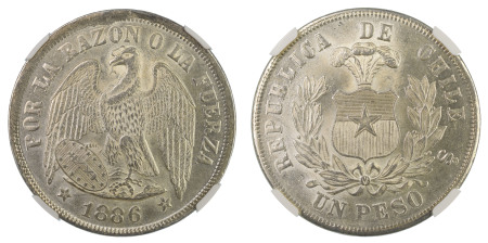 Chile 1886SO, Peso. Graded MS 64 by NGC - only two coins graded higher.