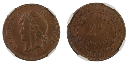 Chile 1898SO, 2.5 Centavos. Graded MS 65 Brown by NGC - the highest graded.