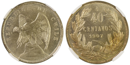 Chile 1907SO, 40 Centavos. Scarce date and grade. Graded MS 65 by NGC. - No coin graded higher.