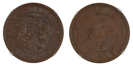 China, Szechuan Province (1903-05), 20 Cash. Graded AU 58 Brown by NGC. 