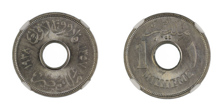 Egypt AH1357//1938, 1 Millieme. Copper-Nickel. Graded MS 65 by NGC. 