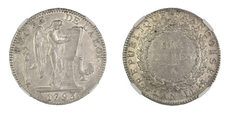 France 1793A, 6 Lixres. Graded AU 53 by NGC. 