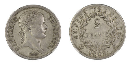 France 1809A, 2 Francs. Graded AU 50 by NGC. 
