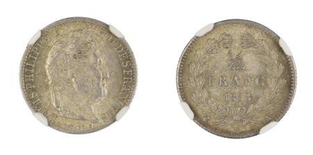 France 1838A, 1/2 Frane. Graded MS 62 by NGC - Only one coin graded higher.