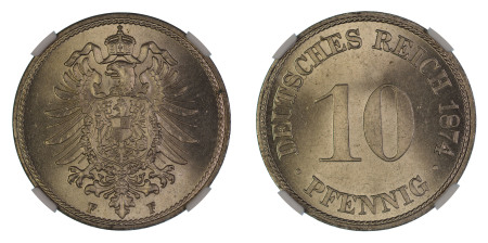 Germany 1874F, 10 Pfennig. Graded MS 65 by NGC - the highest graded.