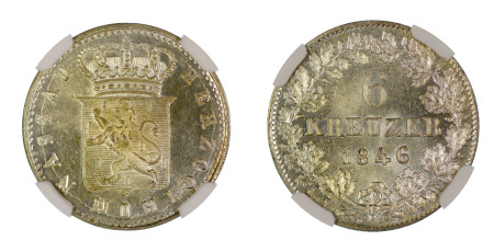 Germany, Nassau  1846, 6 Kroner. Doubled Die Reverse. Graded MS 65 by NGC. - the highest graded.