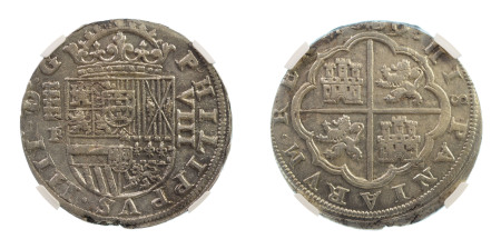 Spain 1659 BR, 8 Reales, Segovia, graded AU 55 by NGC