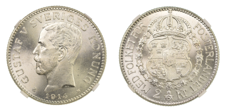 Sweden 1914 W 2 Kroner, graded MS 65+ by NGC