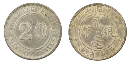 China, Kwangtung Province YR 12 (1923) , 20 cents in EF-AU condition