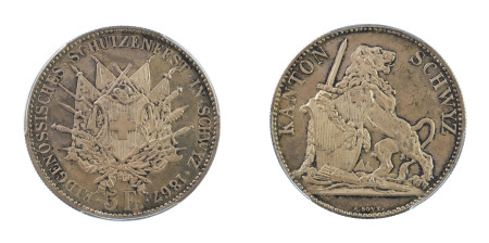 Switzerland 1867, 5 Francs, Schwyz, graded MS 64 by PCGS