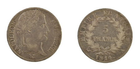 France 1814A, 5 Francs, in AVF condition