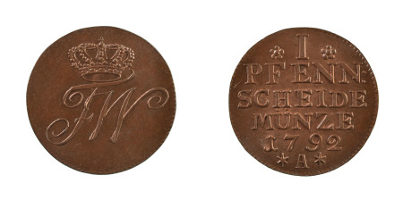 Germany, Prussia, 1792 A, 1 Pfennig, choice UNC with traces of red