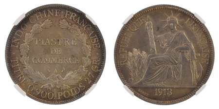 French Indo China 1913 A (Ag). 1 Piastre. Graded MS 62 by NGC