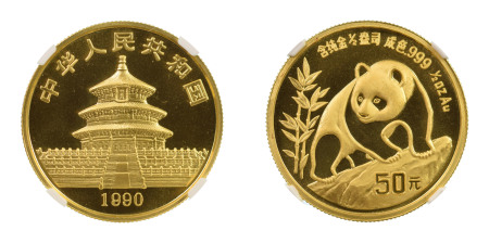 China PRC, 1990 (Au) 50 Yuan, Panda, Large date, graded MS 68 by NGC