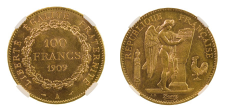 France 1909 A (Au) 100 Francs, Graded MS 61 by NGC