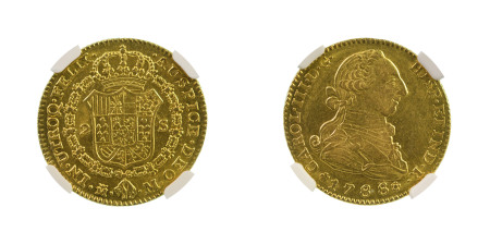 Spain 1788M, (Au) 2 Escudos, Charles III, graded AU 58 by NGC