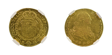Spain 1800/790M FA (Au) 2 Escudos, Charles IV, graded AU 58 by NGC