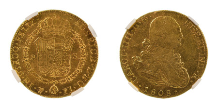 Bolivia 1808 PTS (Au), 8 Escudos, Charles IV, graded AU 58 by NGC