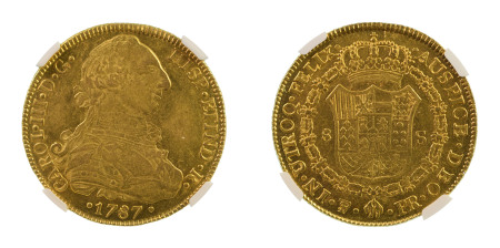 Bolivia 1787 PTS PR (Au), 8 Escudos, Charles IV, graded AU 58 by NGC