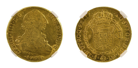 Chile 1798 SO DA (Au), 8 Escudos, Charles IV, graded AU 58 by NGC