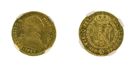 Colombia 1785P SF (Au), 2 Escudos, Charles III, graded AU 58 by NGC