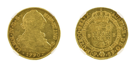 Colombia 1790P SF (Au), 8 Escudos, Charles IV, graded MS 61 by NGC