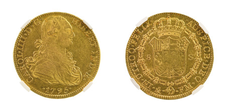 Mexico 1795MO FM (Au), 8 Escudos, Charles IV, graded AU 58 by NGC
