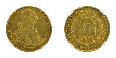 Mexico 1804MO TH (Au), 8 Escudos, Charles IV, graded AU 58 by NGC