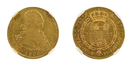 Bolivia 1806 PTS PJ (Au), 8 Escudos, Charles IV, graded AU 53 by NGC