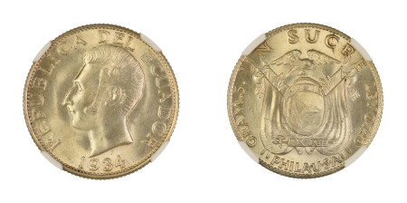 Ecuador 1934, Sucre. Phila Usa. Graded MS 65 by NGC. 
