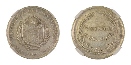 El Salvador 1892CAM, 20 Centavos. Graded AU 53 by NGC 