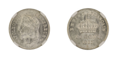 France 1867BB, 20 Centimes. Graded MS 66 by NGC. 