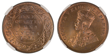 India, British 1935(C), 1/4 Anna, Graded MS 66 Red Brown by NGC. 