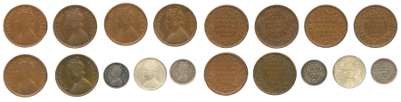 India British, 9 coin lot of diverse coins, 1/4 Anna, 2 Annas, 1/4 Rupee in EF condition