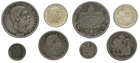 United States, 1883 Hawaii, 4 coin lot - Dollar, 1/2 Dollar, Quarter, 10 cents