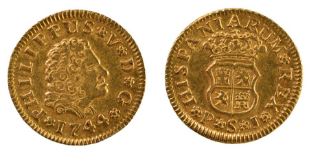 Spain, 1744 PJ (Au) , 1/2 Escudo, Seville, in EF-AU condition