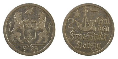 Danzig 1923, 2 Gulden, EF condition
