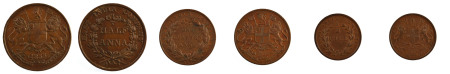India, British, 3 coin lot, 1/2 Pice, 1/4 Anna, 1/2 Anna, in AEF condition