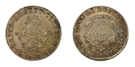 Argentina 1850, 4 Reales, in Extremely fine conditon with very light scratches