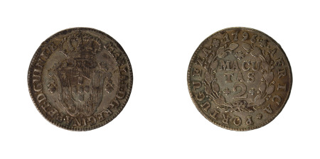 Angola 1796, 2 Macutas, in Fine condition 