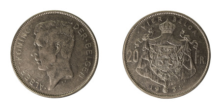 Belgium 1932, 20 Francs, Dutch legend, position B, if Extra Fine to Almost Uncirculated condition