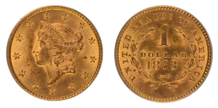 United States 1853 (Au), Gold Dollar, graded MS 64 by PCGS