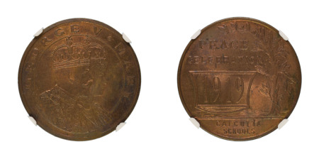 India, British. Calcutta Schools Æ Medal 1919. Celebrating George V and Mary. 