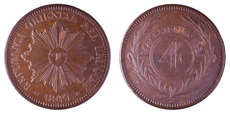 Uruguay 1869A (Cu) 4 Centesimos, Sunface