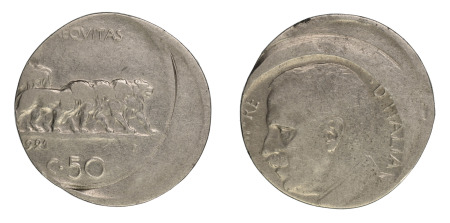Italy 1921 (Ni) 50 Cents "Error Misstrike"