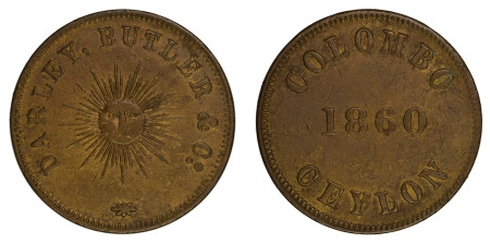 Ceylon 1860 (Ae) 9 Pence token, Colombo Slave Island