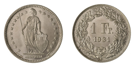 Switzerland 1931B (Ag) Franc, choice