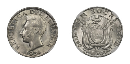 Ecuador 1934 (Ag) Philadelphia Mint; (KM 72) Sucre, NGC Graded MS 66