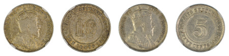 Straits Settlements 2 Coin Lot - 1902 (Ag) 10 Cents (KM 21) / 1902 (Ag) 5 Cents (KM 20), NGC Graded AU 50 / AU 55