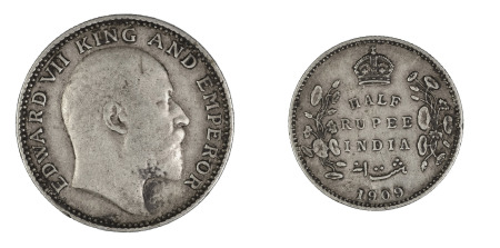 India (British) 1909 (c) 1/2 Rupee (Ag) (KM 507), VF